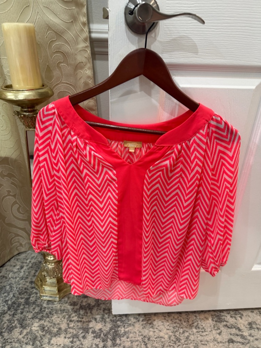Takara Chevron V-Neck Blouse - Coral